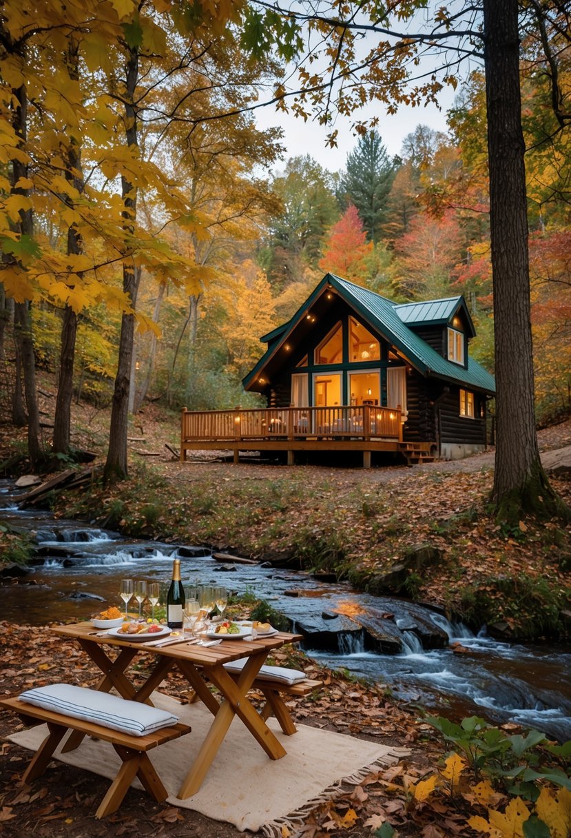 A cozy cabin nestled in a forest clearing, surrounded by colorful autumn leaves and a bubbling stream. A picnic table set with a gourmet meal and a bottle of champagne awaits under a twinkling canopy of fairy lights