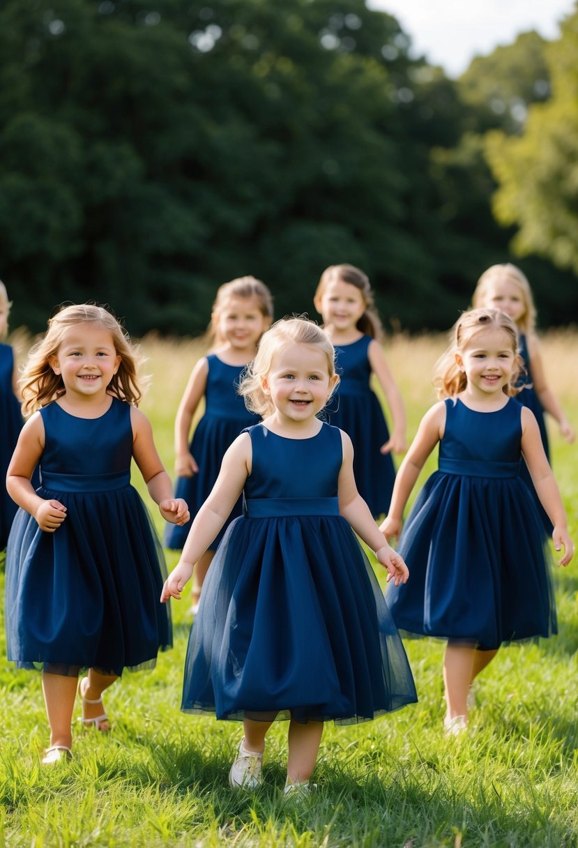 A group of children playing in a field, wearing navy blue wedding dresses made from eco-friendly fabrics