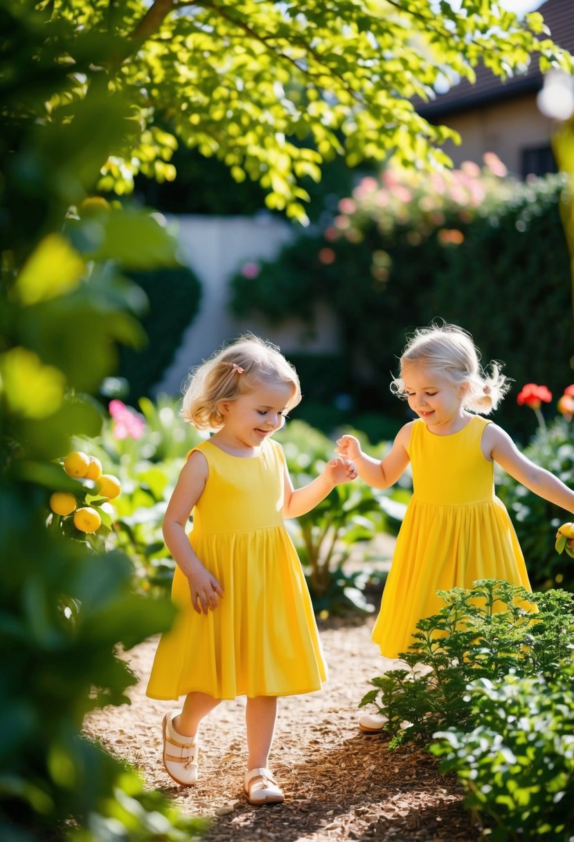 A sunny outdoor garden with kids playing in lemon A-line attire