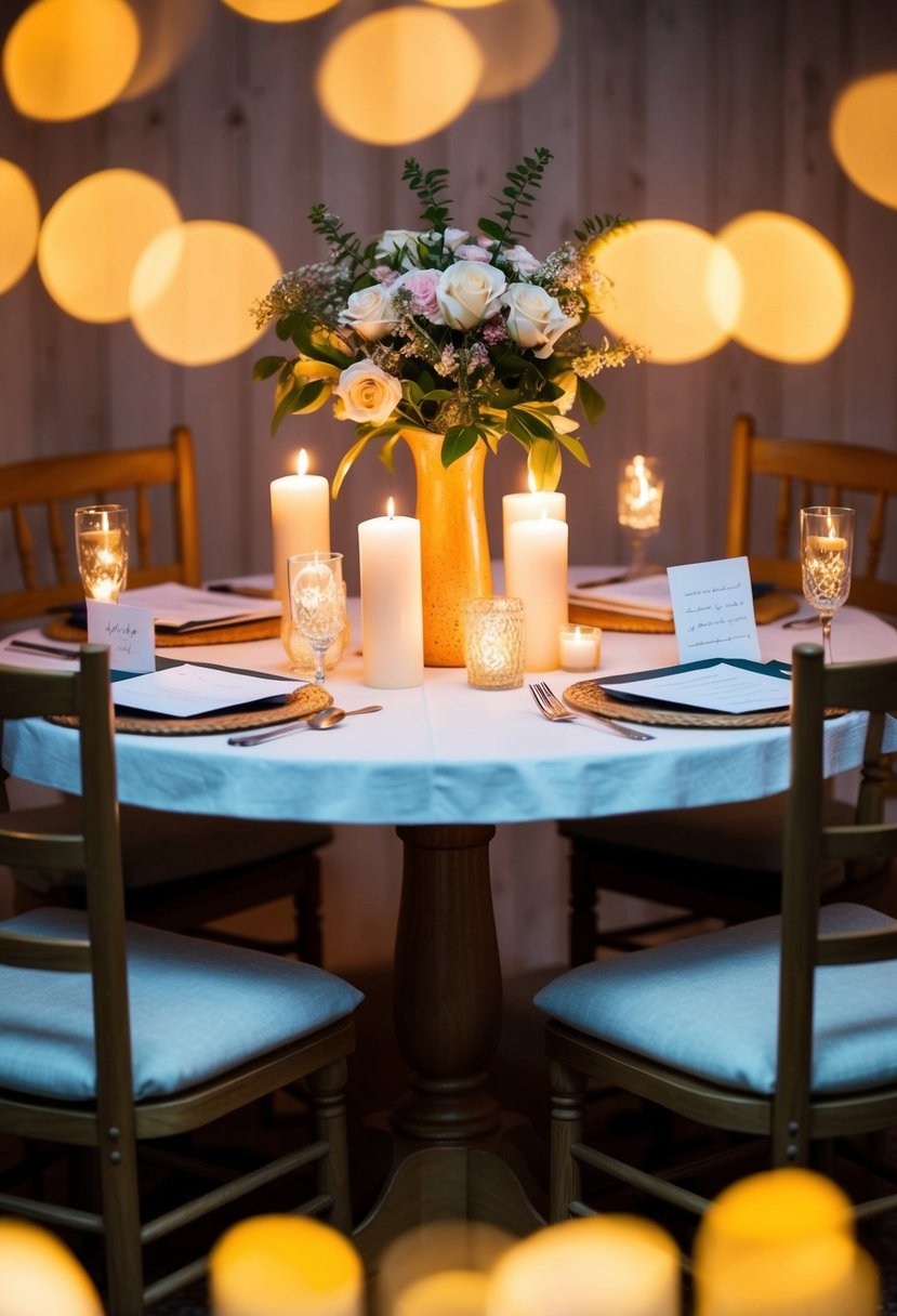 A cozy table set with candles, flowers, and love letters. Two chairs facing each other, surrounded by a warm and romantic atmosphere