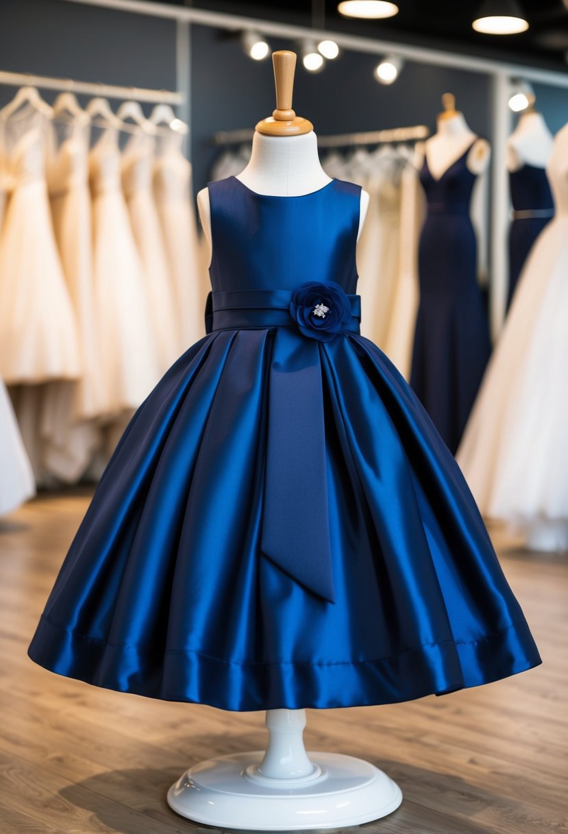 A navy blue wedding dress with a matching navy sash, designed for kids, displayed on a mannequin in a well-lit bridal boutique