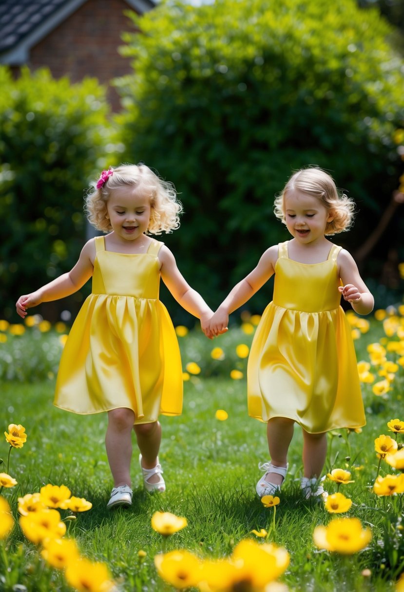 A sunny garden with children playing in yellow satin dresses, surrounded by blooming buttercup flowers