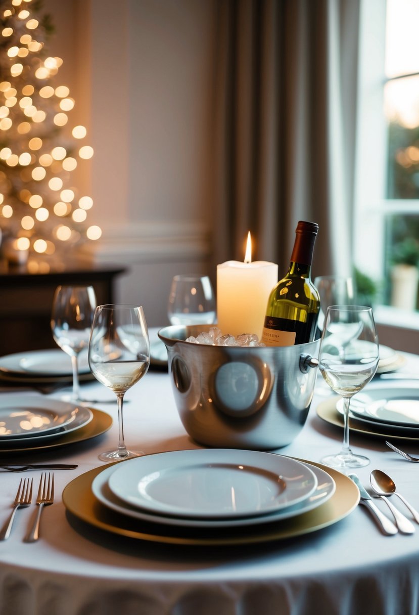 A cozy dining table set with elegant dinnerware, a flickering candle in the center, and a bottle of wine chilling in an ice bucket