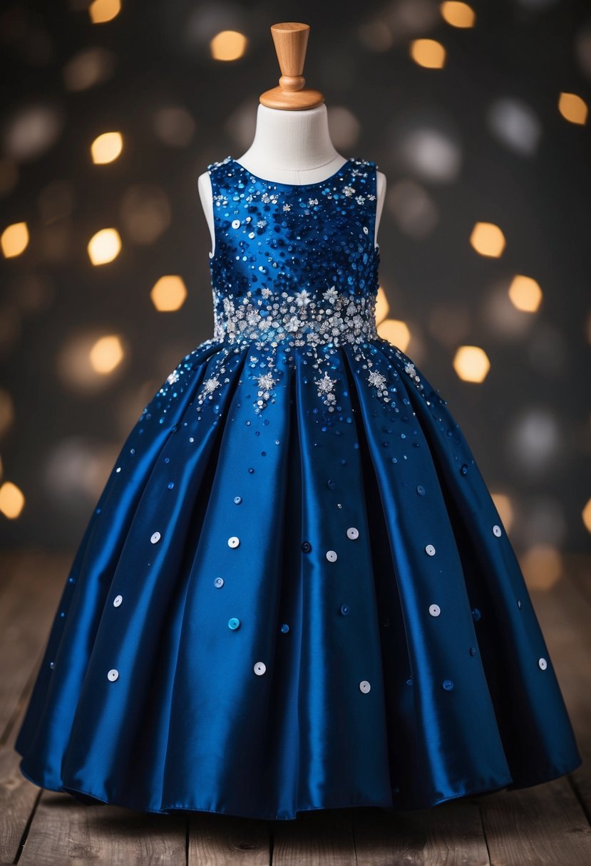 A navy blue wedding dress adorned with sequins and embellishments, with a playful and whimsical design suitable for kids