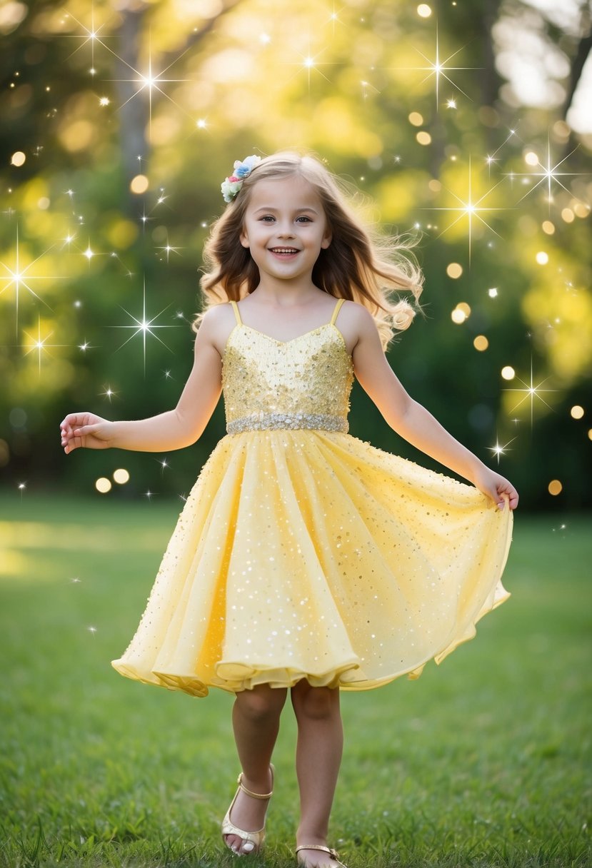 A young girl twirls in a shimmering yellow dress, surrounded by sparkles and flowers, with a sense of joy and wonder