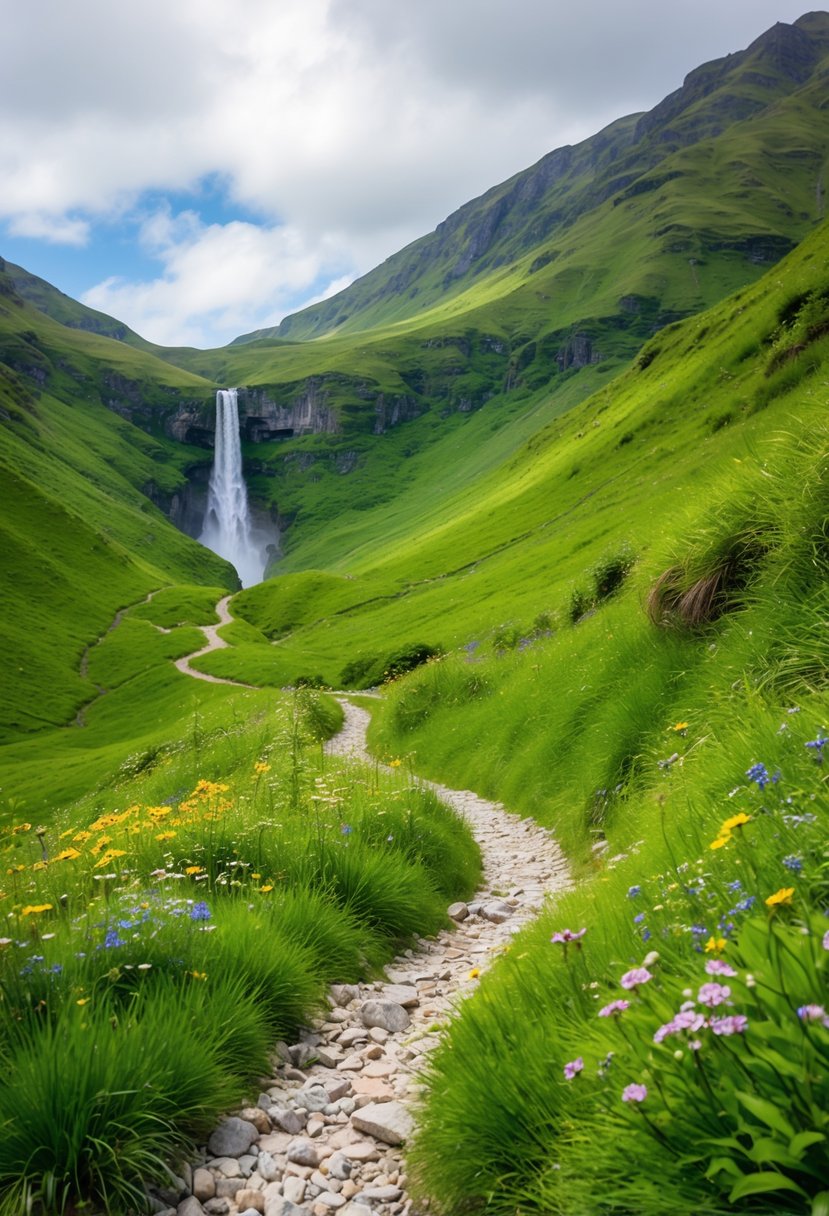 A winding trail through lush green mountains, with a cascading waterfall and colorful wildflowers