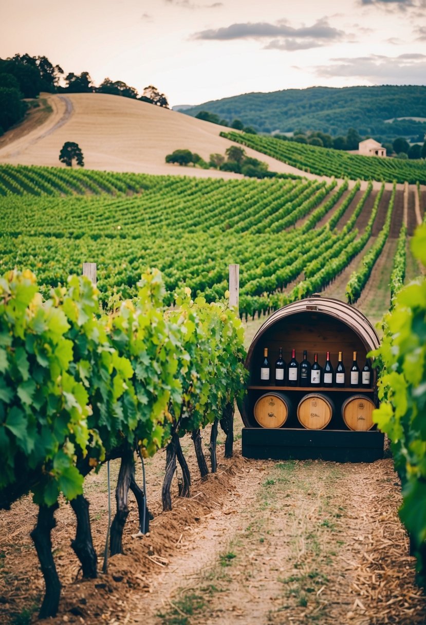 Lush vineyard with rolling hills, rows of grapevines, and a rustic tasting room filled with barrels and wine bottles