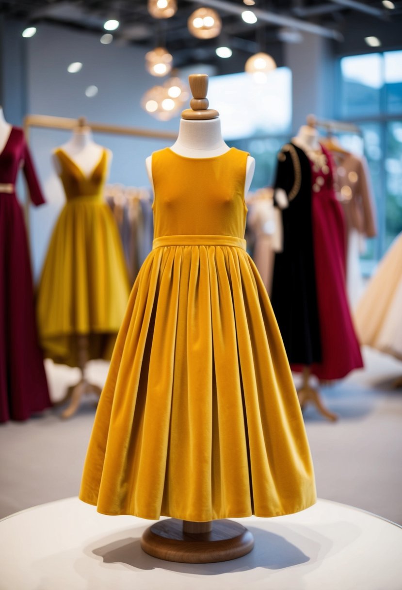 A mustard velvet design yellow wedding dress displayed on a child mannequin