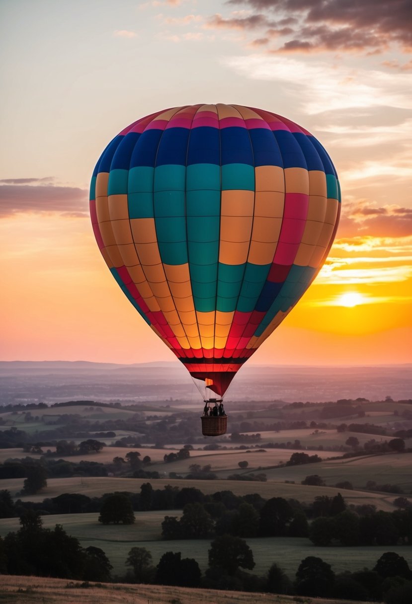 A colorful hot air balloon floats over a picturesque landscape at sunset, with a couple inside celebrating their wedding anniversary