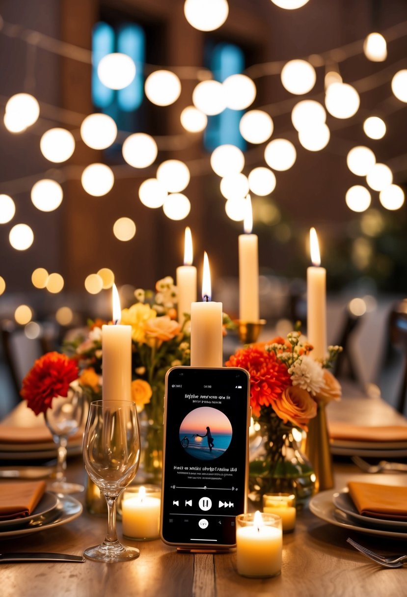 A table set with candles, flowers, and a personalized playlist playing in the background