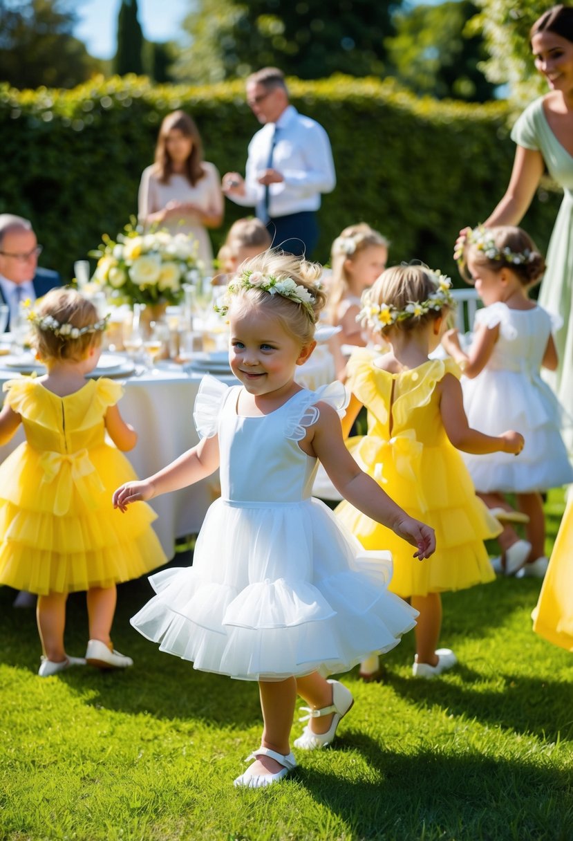 A sunny garden with kids in yellow ruffle dresses, playing at a wedding-themed tea party