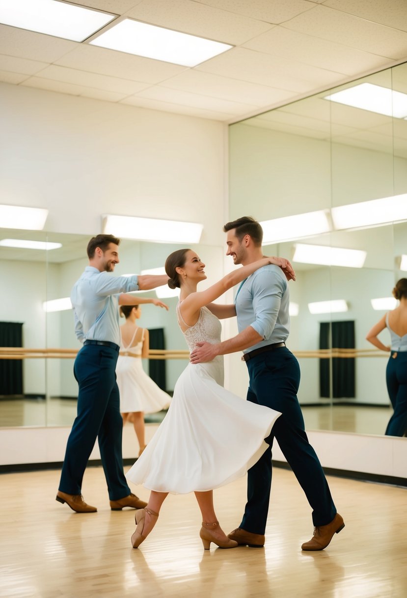 A couple gracefully twirls in a bright, spacious dance studio, surrounded by mirrors and soft lighting