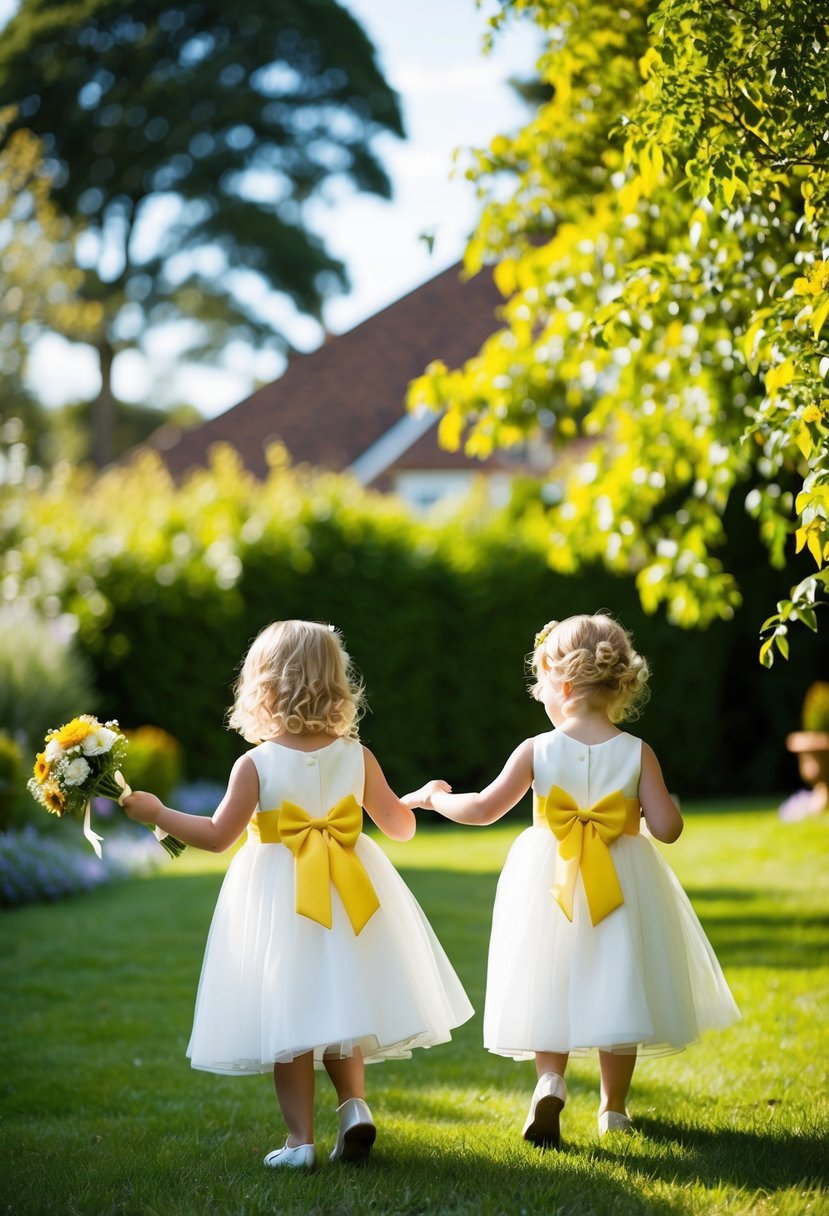 A sunny garden wedding with kids playing in yellow bow-back dresses