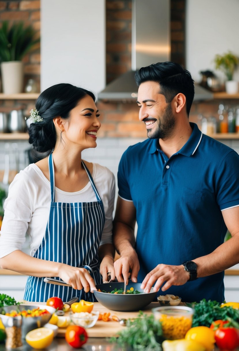 A couple stands side by side in a kitchen, surrounded by colorful ingredients and cooking utensils. They work together to prepare a new recipe, smiling and laughing as they create a special meal to celebrate their wedding anniversary