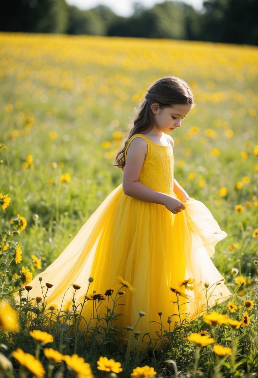 A young girl in a flowing yellow gown picks wildflowers in a sun-drenched field