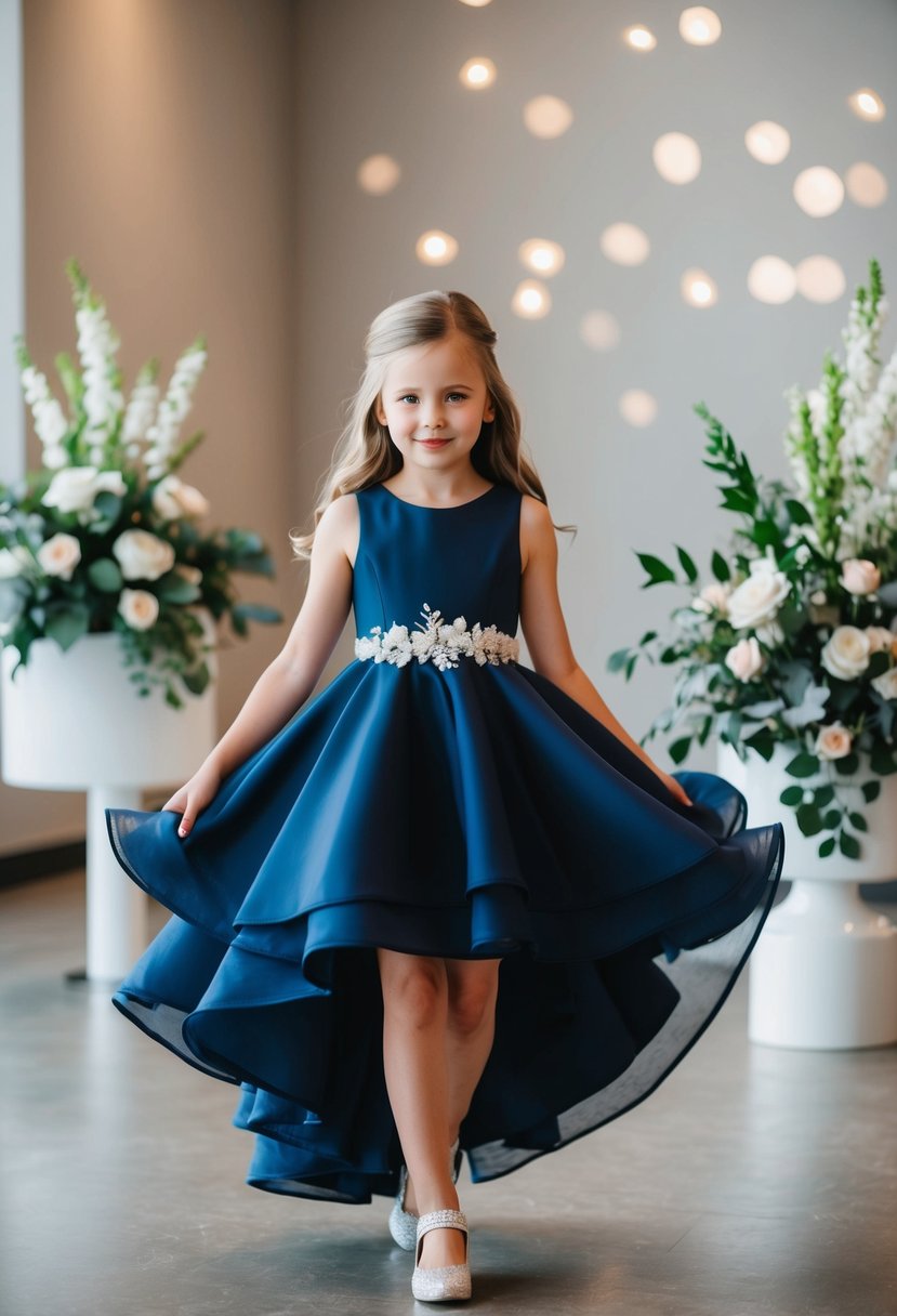 A young girl twirls in a navy blue high-low hem wedding dress, surrounded by modern decor and flower arrangements