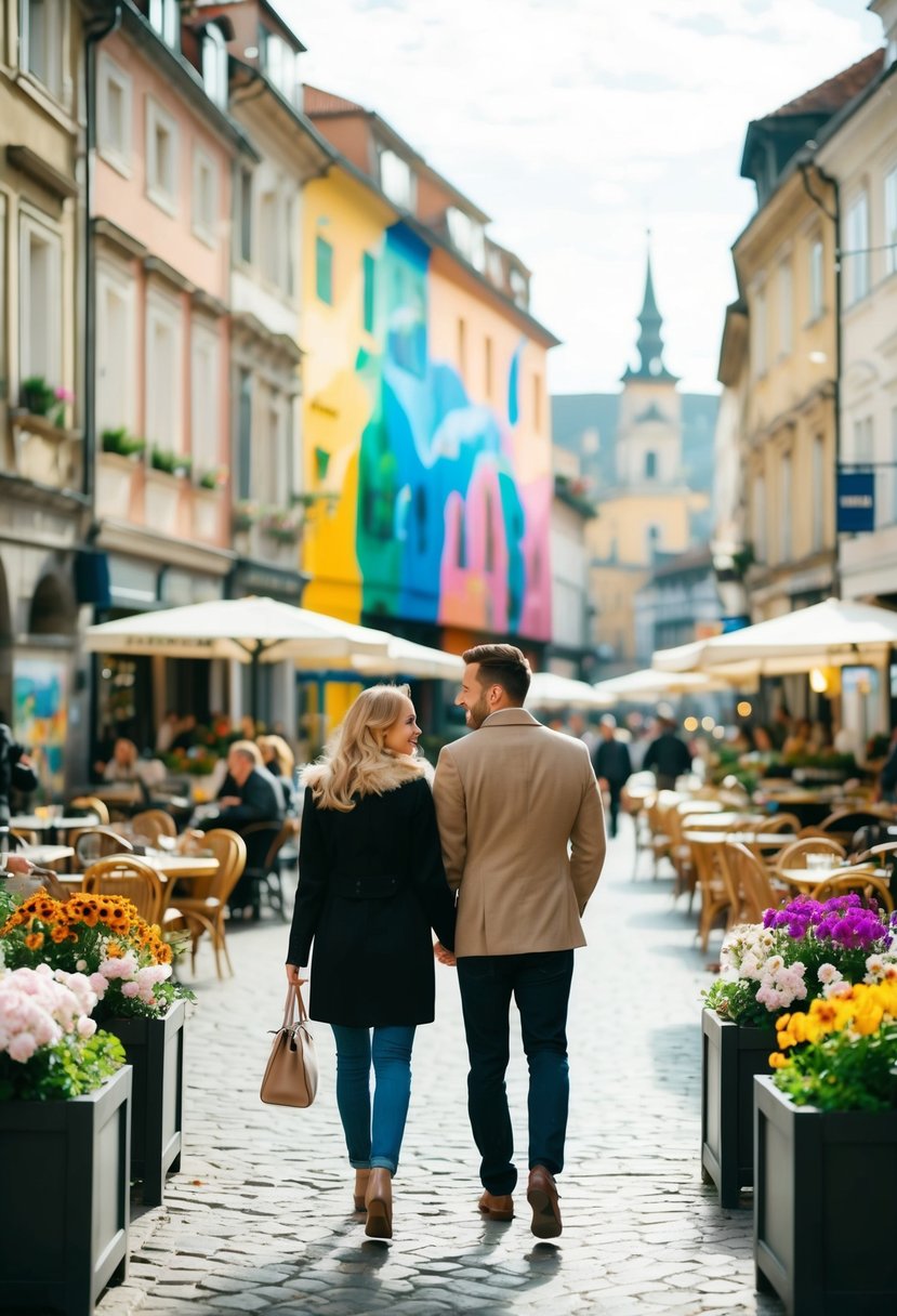 A couple strolling through a charming city square, surrounded by historic buildings and bustling cafes, with a backdrop of colorful street art and blooming flowers