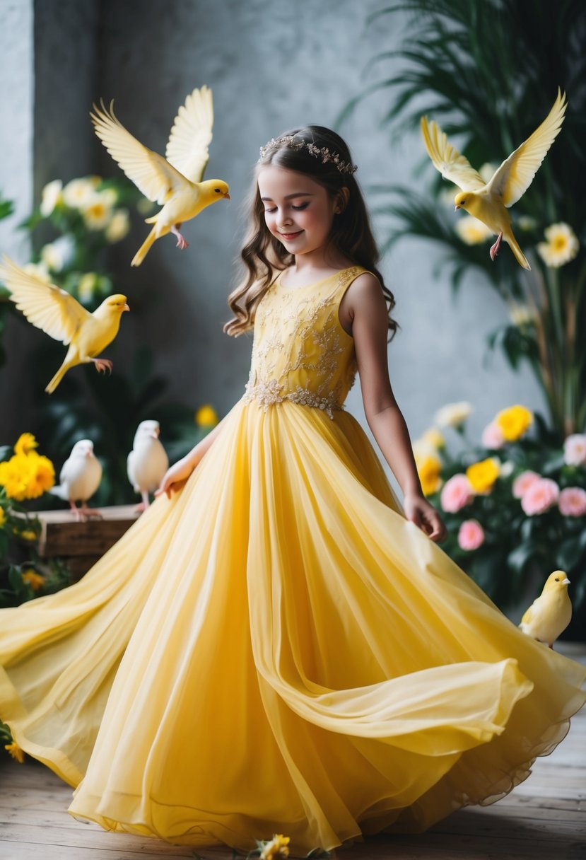 A young girl twirls in a flowing yellow gown, surrounded by canaries and flowers