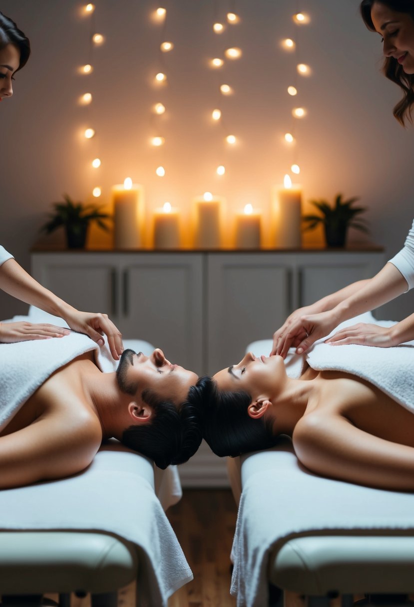 A couple relaxes side by side on massage tables, surrounded by soft candlelight and soothing music, as two massage therapists work on their backs