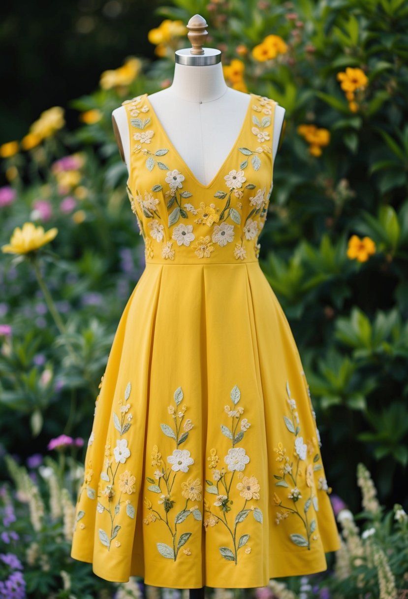 A bright yellow floral applique dress with citrine accents, set against a backdrop of lush greenery and blooming flowers