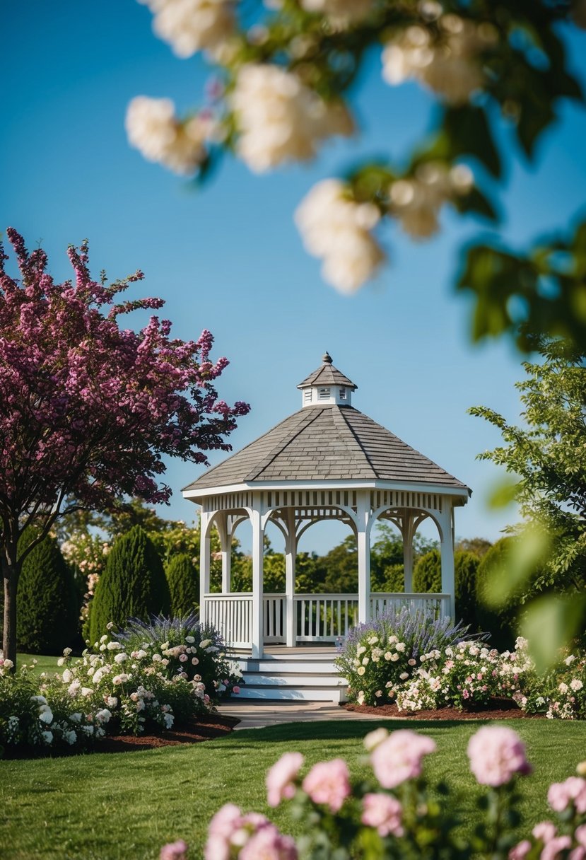 A charming outdoor wedding venue with a gazebo, surrounded by blooming flowers and lush greenery, under a clear blue sky