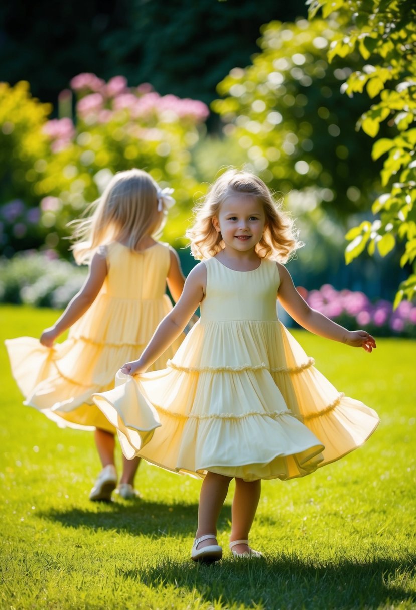 A sunlit garden with children twirling in buttery tiered dresses