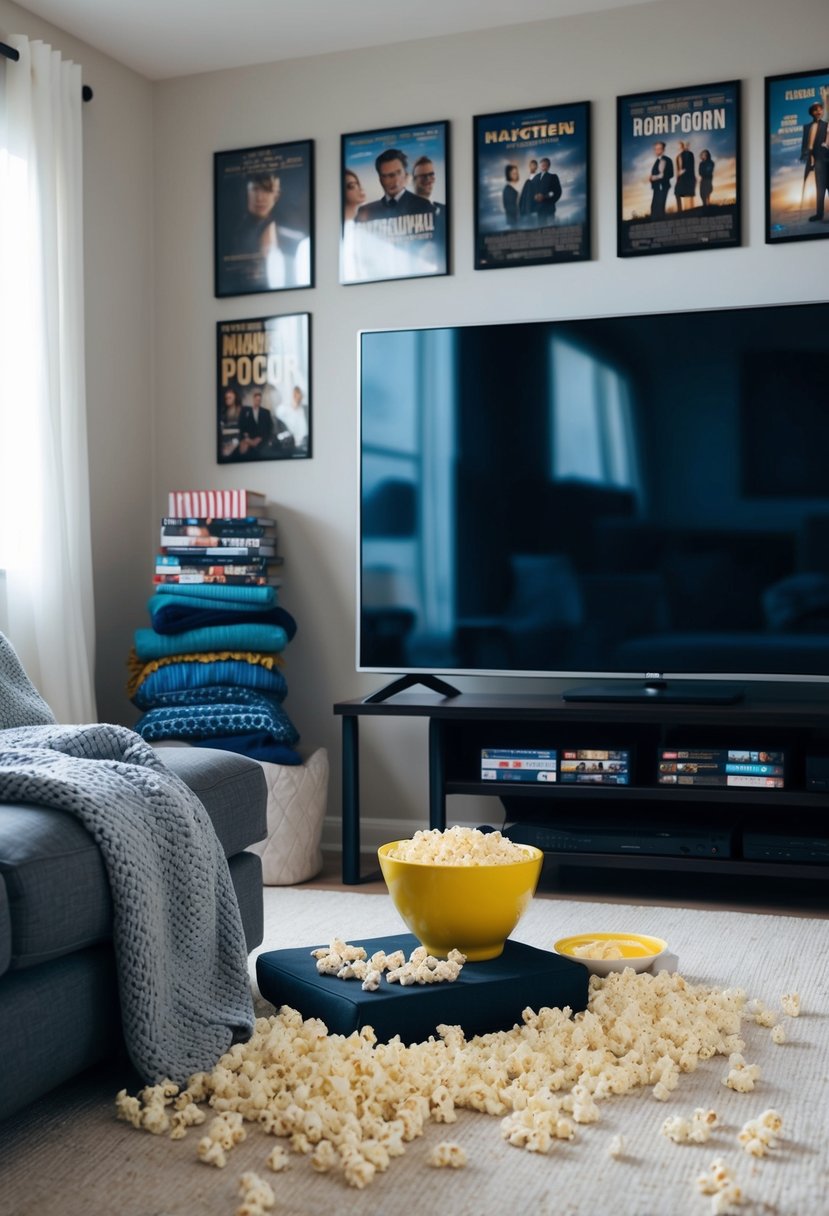 A cozy living room with a big screen TV, blankets, and popcorn scattered around. A stack of DVDs and movie posters decorate the walls