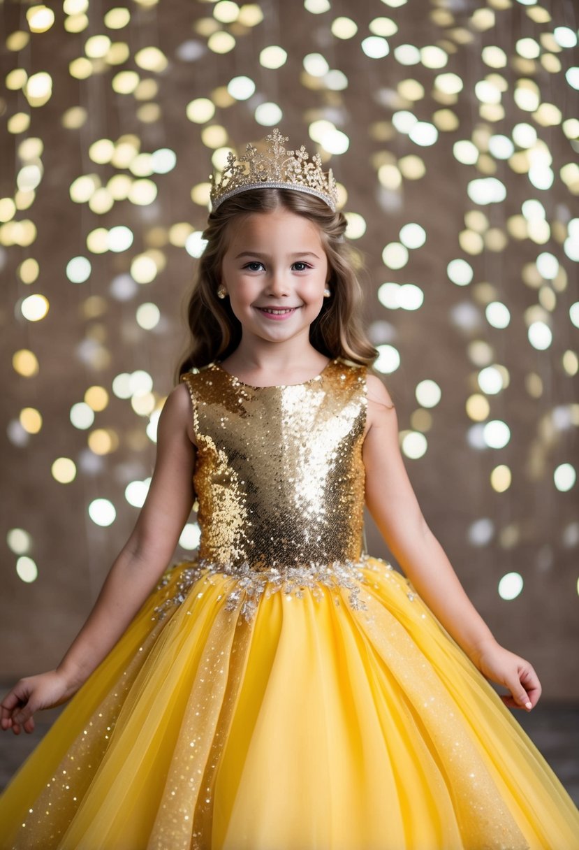 A shimmering gold sequin celebration outfit with a flowing yellow wedding dress for kids, adorned with sparkles and glittering details