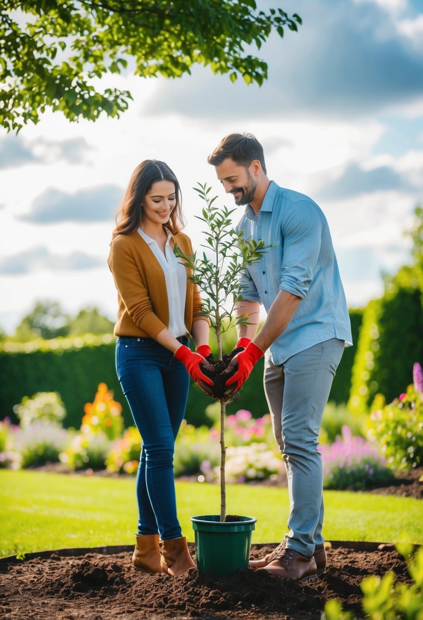 A couple planting a tree together in a beautiful garden