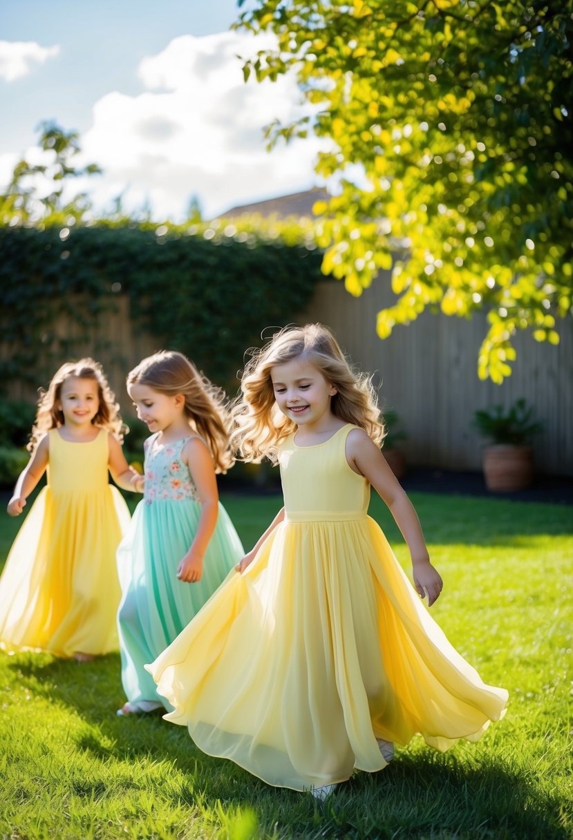 A sunny garden with children playing in mellow yellow chiffon gowns