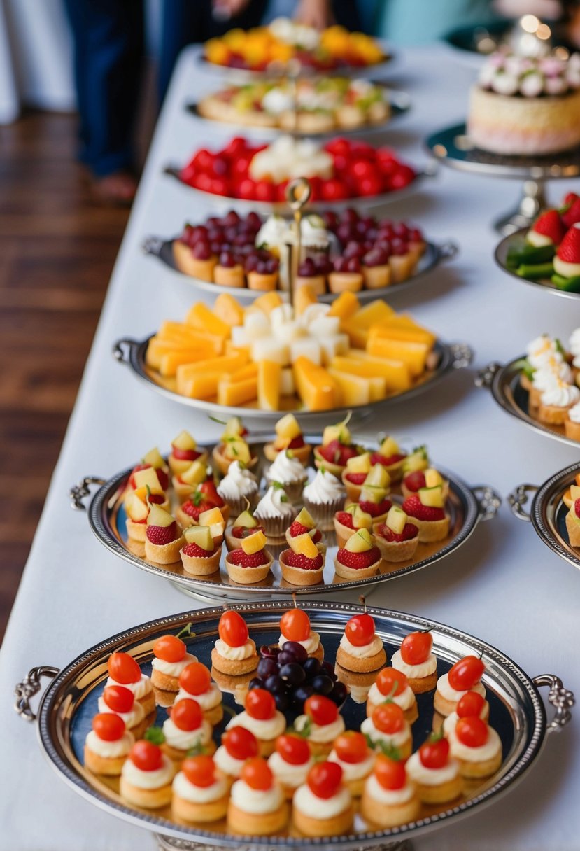 A colorful array of bite-sized appetizers, fruit platters, and mini desserts arranged on elegant serving trays at a wedding reception