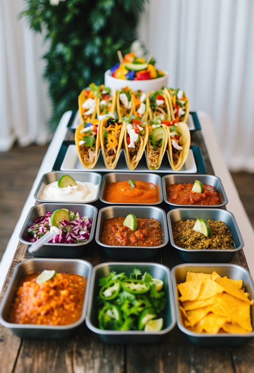 A colorful taco bar with various toppings and salsas, set up on a rustic wooden table at a wedding reception