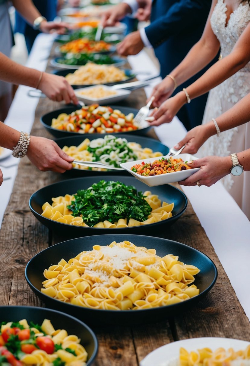 A colorful array of pasta shapes and toppings arranged on rustic wooden tables at a wedding reception. Guests serve themselves, creating personalized dishes