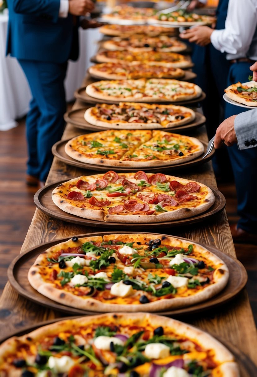 A colorful array of gourmet pizza varieties displayed on rustic wooden serving trays at a lively wedding reception, offering delicious food options on a budget