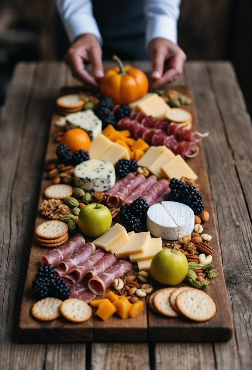 A rustic wooden table adorned with an assortment of cured meats, artisanal cheeses, fresh fruits, nuts, and crackers, all elegantly arranged on a charcuterie board