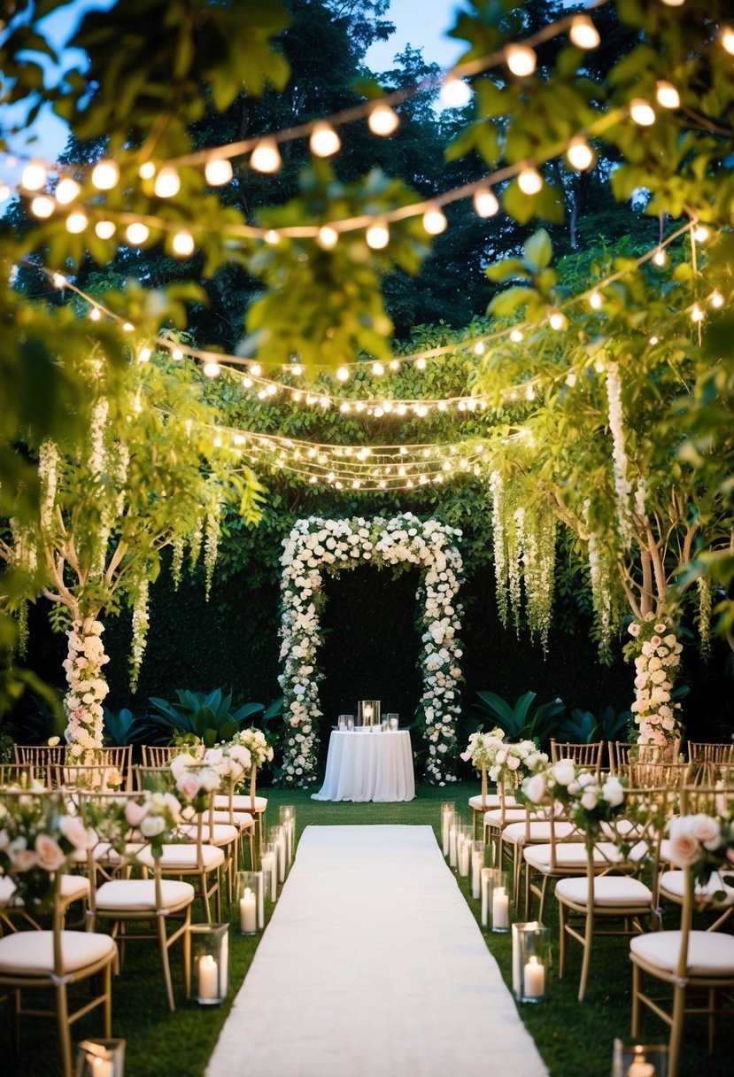 A lush garden adorned with twinkling lights, cascading flowers, and elegant seating arrangements for a romantic wedding ceremony