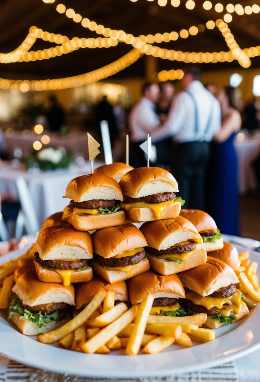 A table filled with sliders and fries, surrounded by festive decorations, at a budget-friendly wedding reception