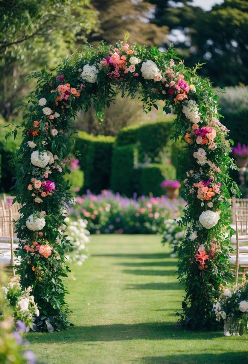 A lush garden archway adorned with vibrant flowers and foliage, creating a magical and enchanting setting for a wedding