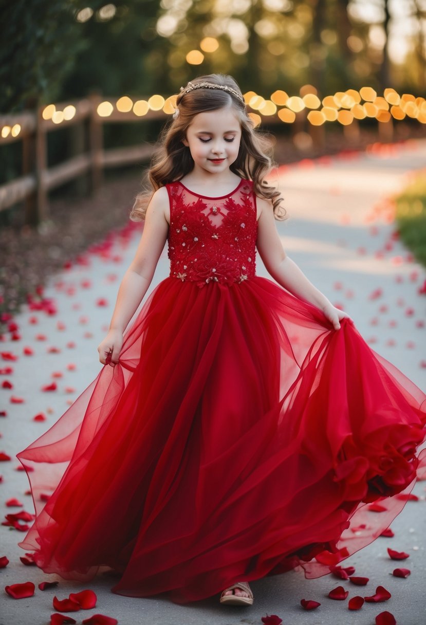 A young girl twirls in a flowing red wedding dress, surrounded by rose petals and fairy lights