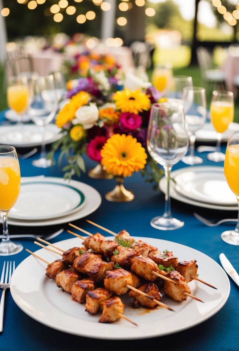 A table set with BBQ chicken skewers, surrounded by colorful floral centerpieces, at a budget-friendly wedding reception