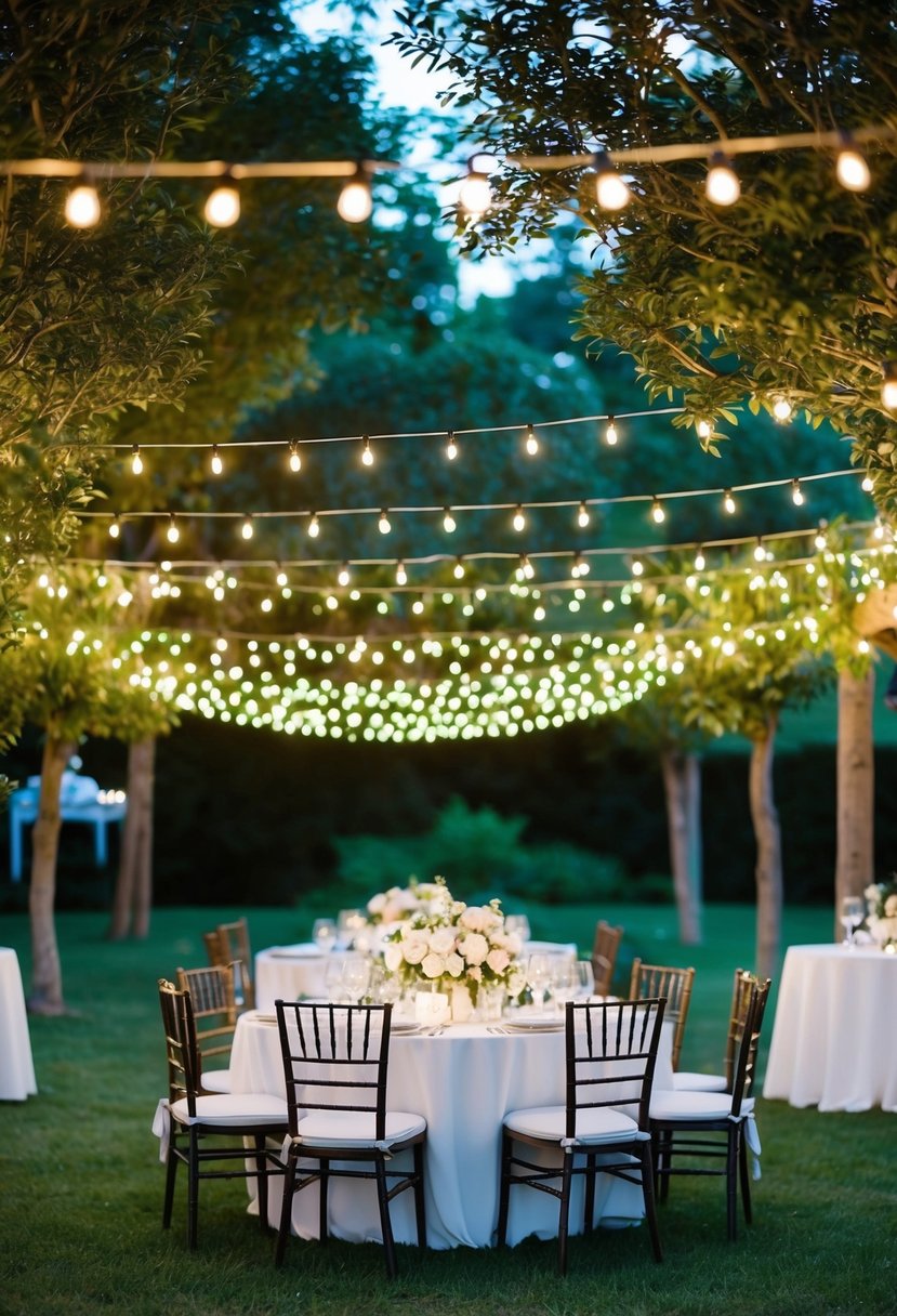 A garden adorned with twinkling string lights, creating a romantic and enchanting atmosphere for a wedding celebration