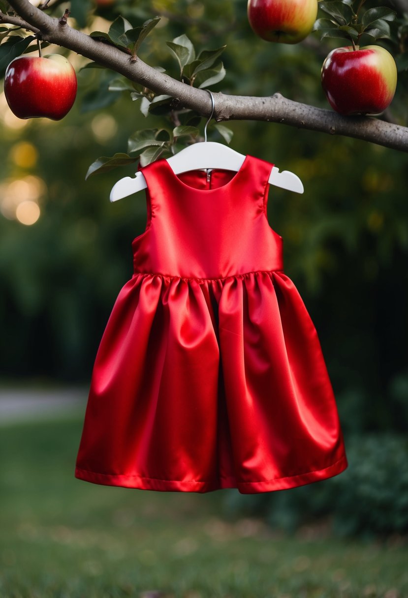 A child-sized red satin dress hanging on a candy apple tree branch