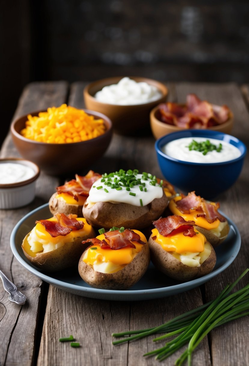 A rustic table displays a variety of toppings and condiments for baked potatoes, including cheese, bacon, sour cream, and chives