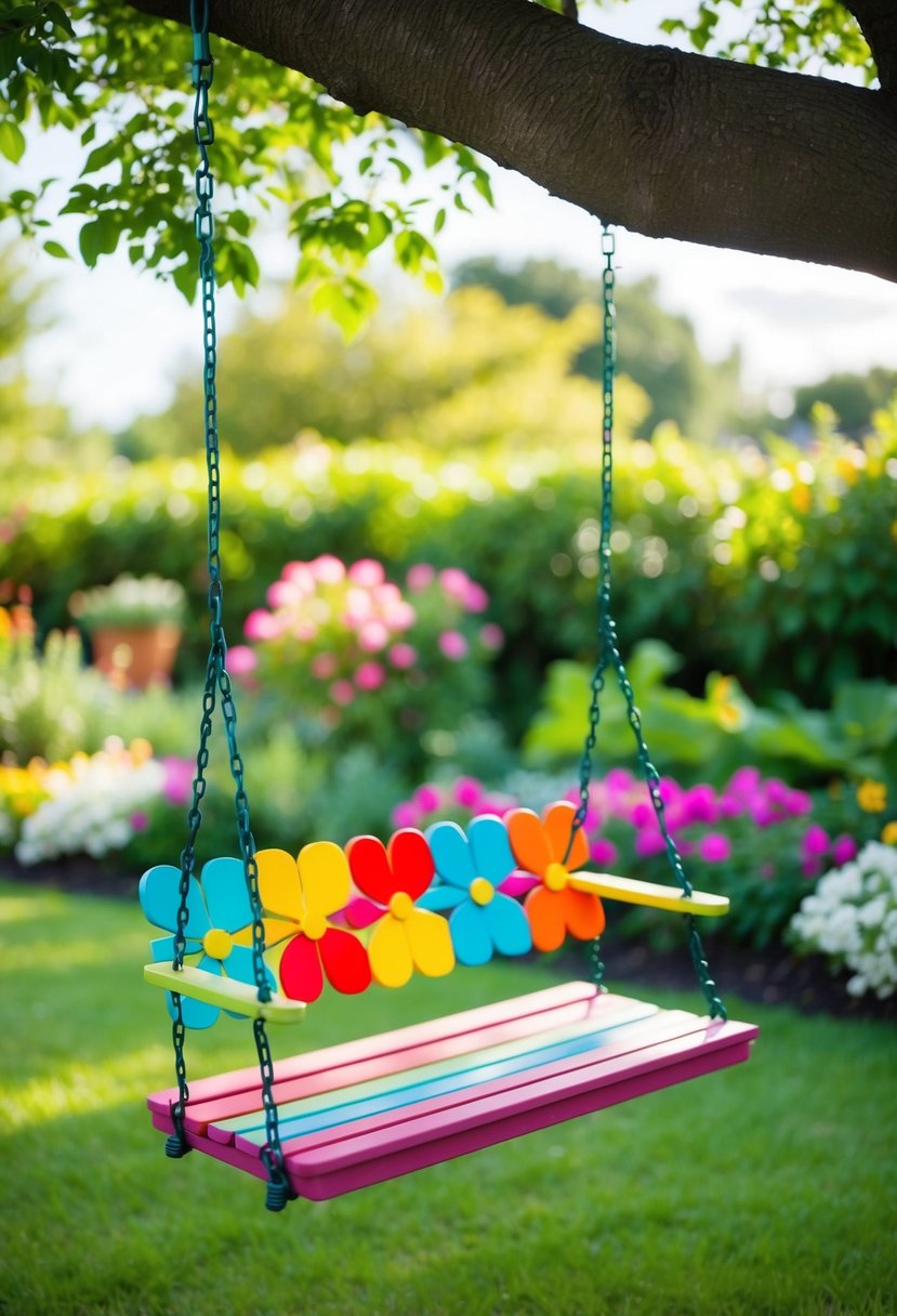 A colorful flower swing hangs from a tree in a lush garden, surrounded by blooming flowers and greenery