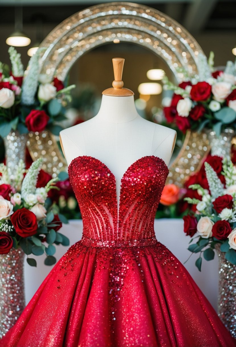 A sparkling red gown on a mannequin, surrounded by glittering accessories and floral arrangements