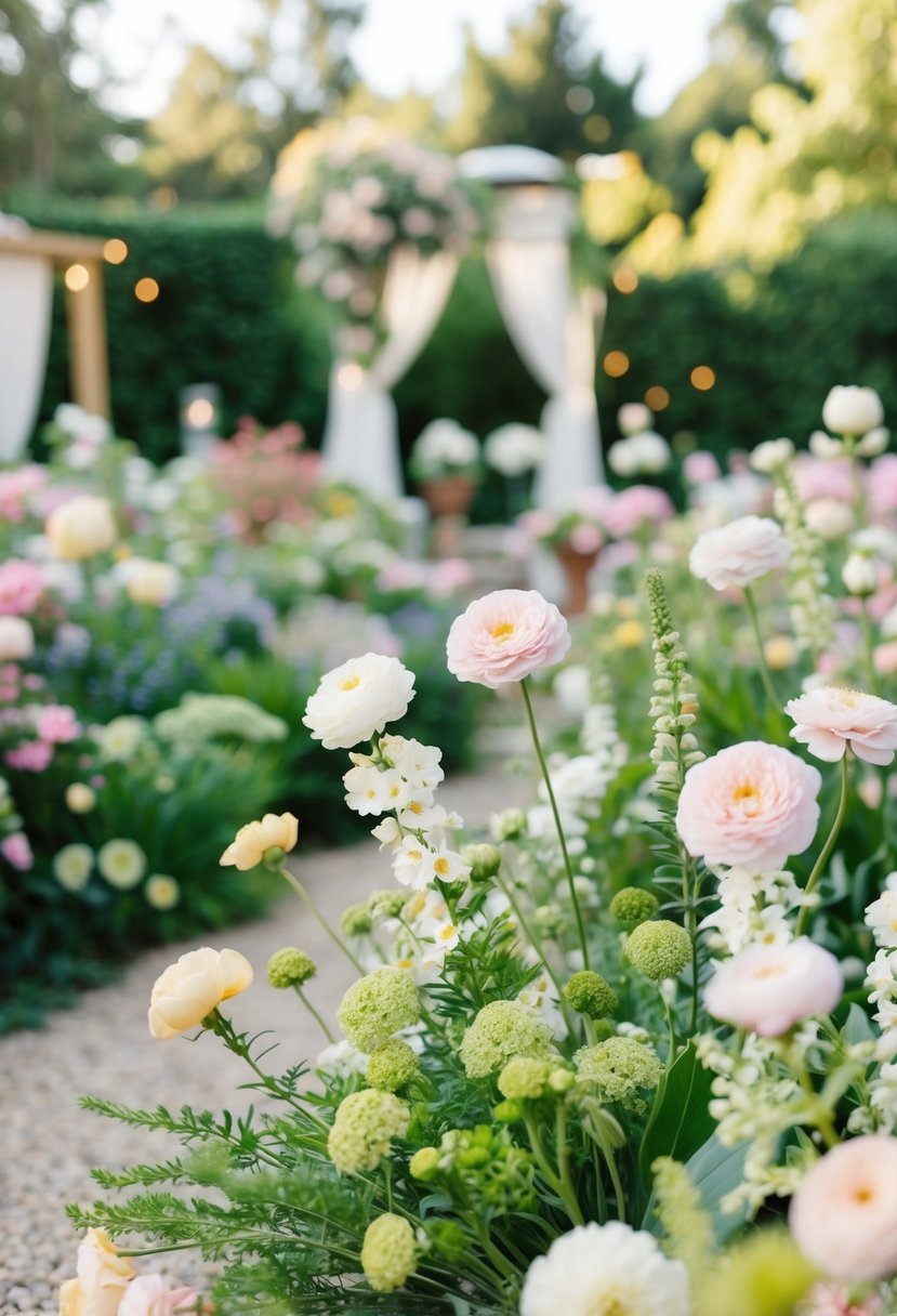 A garden filled with pastel flowers, soft greenery, and delicate decor for a romantic wedding setting