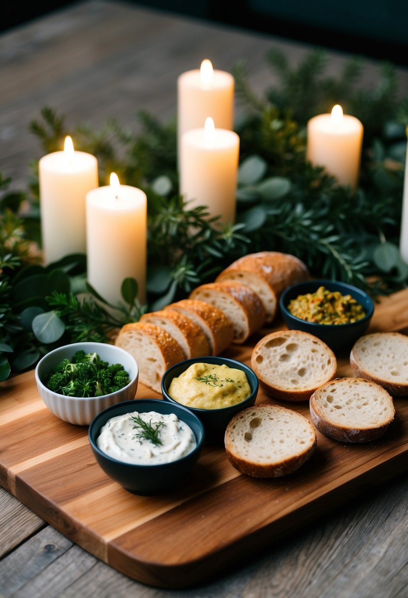 A wooden board with assorted rustic bread and dips, surrounded by greenery and soft candlelight