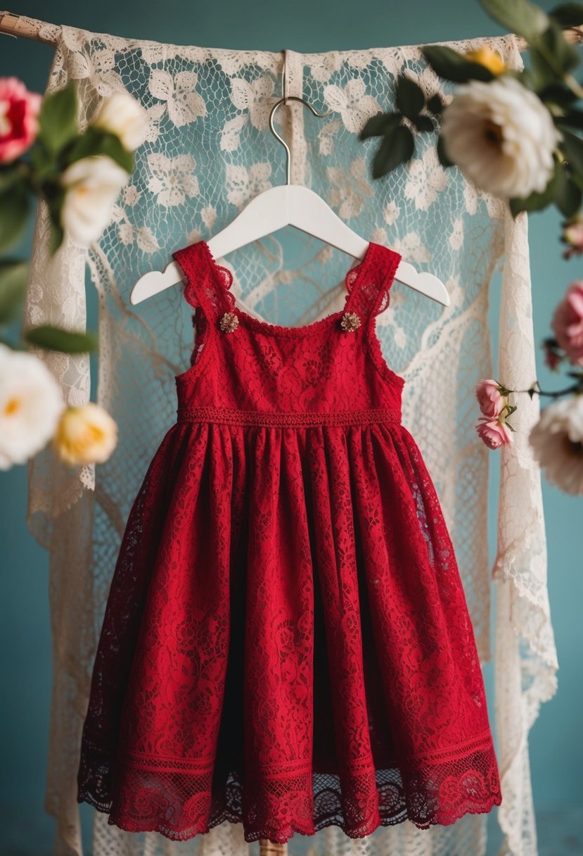 A vintage lace red dress hangs on a child-sized mannequin, surrounded by delicate lace fabric and floral accents