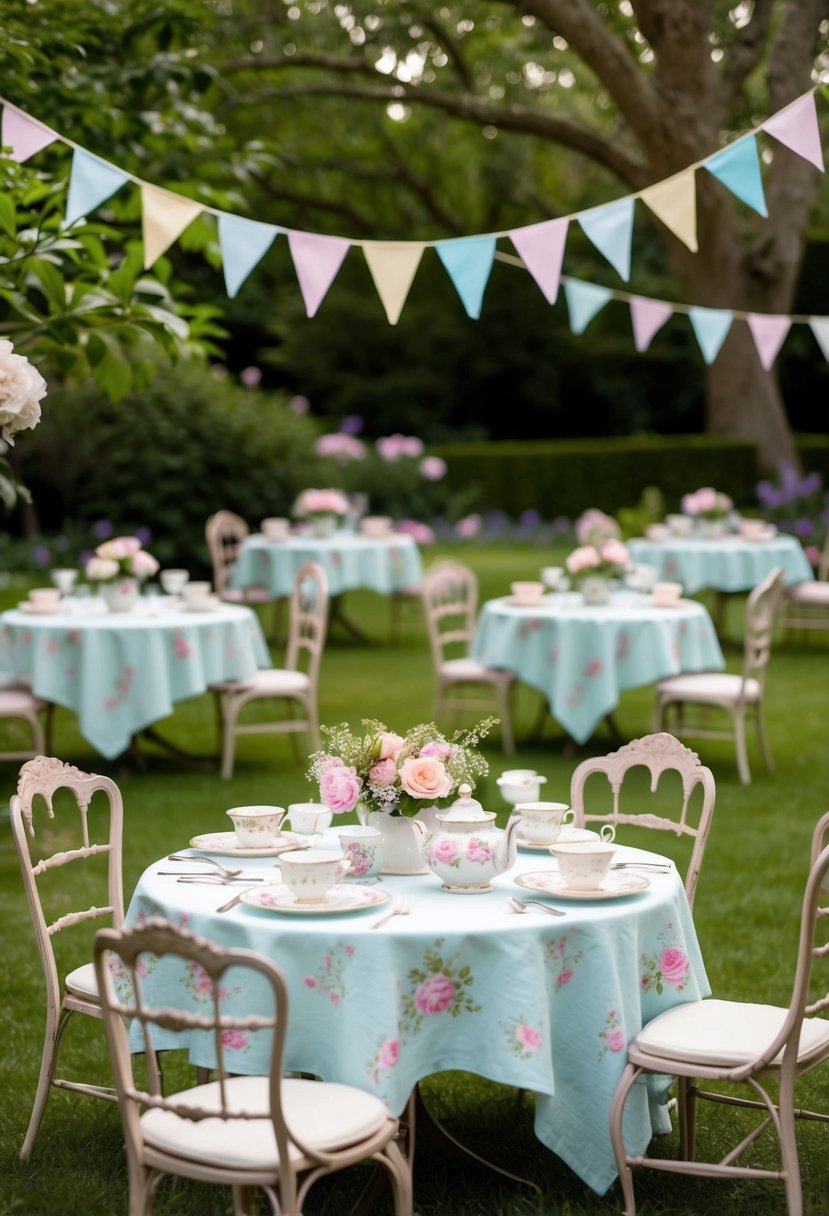 A vintage tea party setup in a garden with floral tablecloths, delicate china tea sets, and pastel-colored bunting hanging from the trees