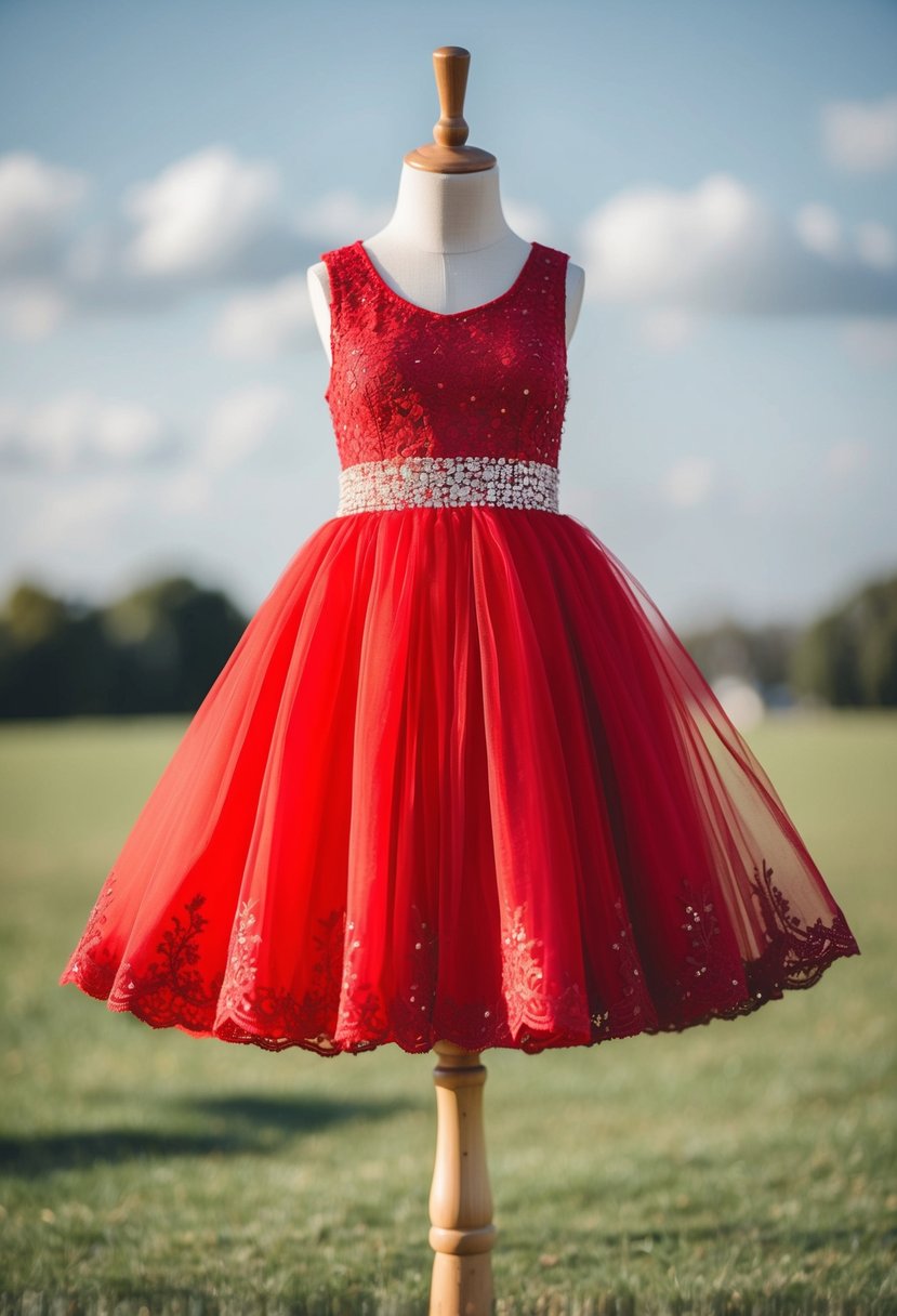 A red tulle skirt dress with a matching sash, adorned with delicate lace and shimmering sequins, flowing gracefully in the wind